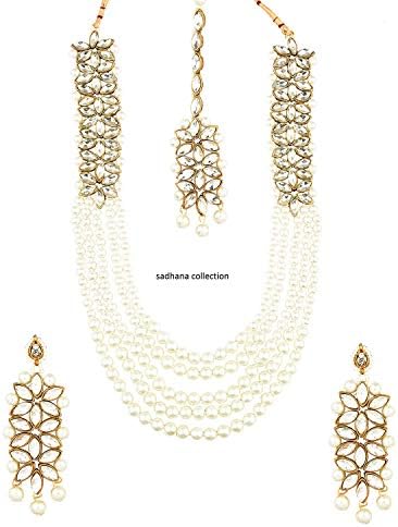 SADHANA COLLECTION White Kundan Pearl Necklace Set With Earrings For Women