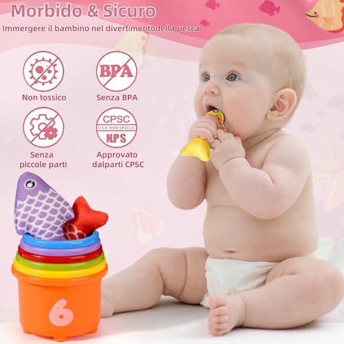 Tokiyis Montessori Games 1 Year – Soft Fishing Game for Baby Girl with 12 Fishes – Colourful Child Game Educational Toy for 6 9 12 18 Months – Pink Gifts for Children Girl 1 2 3 Years
