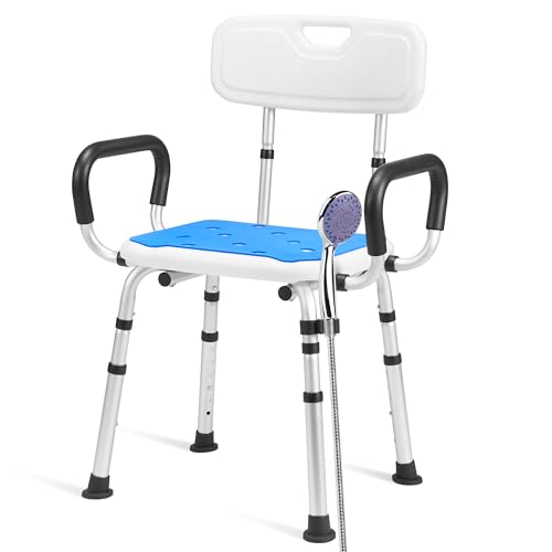 Careboda Shower Stool for Seniors, Shower Chair with Armrests and Backrest, Bathroom Stool 136 kg, Height Adjustable, up to 136 kg, Bath Chair for Seniors