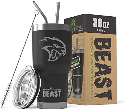 Hellcat Charger Challenger Logo BEAST 30 oz Stainless Steel Insulated Tumbler w/Lid, 2 Straws, Brush and Gift Box black