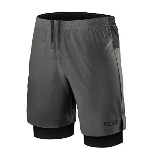 TCA Mens Ultra 2 in 1 Running Shorts with Inner Compression Short and Zip Pocket - Asphalt / Black, L