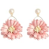 Vintage Floral Drop Earrings Cloth Flower Earrings Bohemian Flower Pearl Earring Lightweight Large Petal Statement Earrings Wedding Party Jewelry for Women