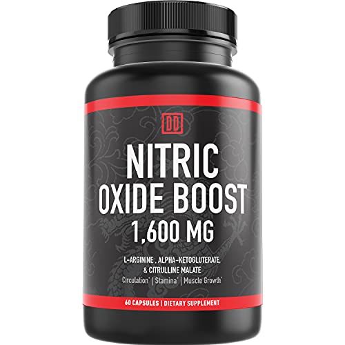 Nitric Oxide Booster Supplement, 1600mg Extra Strength L-Arginine, Citrulline Malate, and Alpha-Ketoglutarate (60 Count, 1 Bottle)