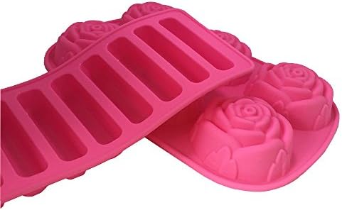 Pertique 6 Flowers Silicone Muffin Cups Handmade &amp; Soap Mold and Water Bottle Ice Stick Tray &amp; Baked Lady finger tray &amp; Baking Bars Set,Nonstick silicon baking pan, Ice Cube, Chocolate Mold (pink)