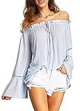 Relipop Women's Backless Off Shoulder Tops Long Sleeve Shirt Strapless Blouses (Small, Blue)