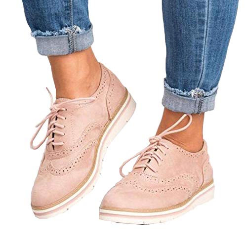 Susanny Women's Wigtips Oxfords Platform Lace Up Brogues Slip on Perforated Spring Shoes Pink 9 B (M) US - Thumbnail 7