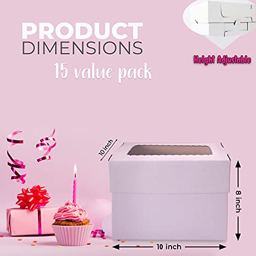 TLAZZ 15-Pack Cake Boxes With Window – 10x10x8 Inch Tall White Square Bakery Boxes, Includes 90 Stickers For Wedding, Birthday