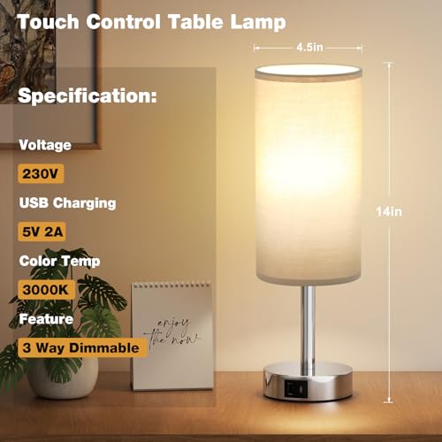 Aooshine Bedside Lamps, Table Lamp with 2 USB Charging Ports & 3-Way Dimmable Touch Control, Touch Lamps Bedside with Grey Shade, Small Lamp with for Bedroom/Living Room/Study(Bulb Included)