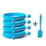 Silicone Egg Rings by Ozetti – Make Perfectly Round Fry Eggs or Pancakes - Professional Non-Stick BPA-Free Silicone- Includes FREE Spatula and Recipes - BLUE (4 - PACK)