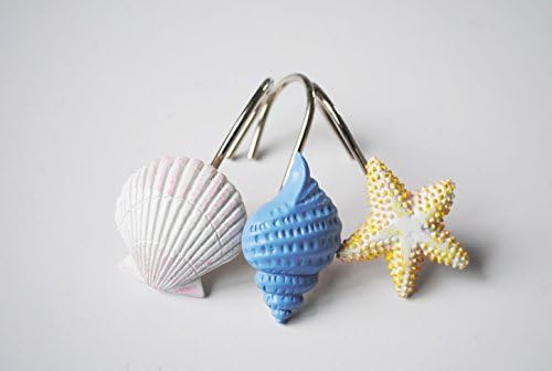 Blue Seashell Shower Curtain Hooks S/12 Ocean White Starfish Style Shower Curtain Rings Pack of 12 White Conch Shower Rings Set of 12