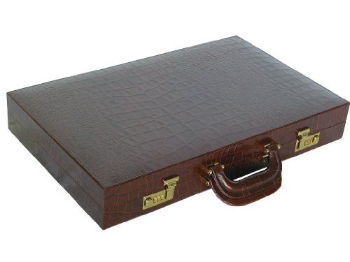 Leather Backgammon Board Set - (23" Large Attache Case, Zaza & Sacci) - Brown Croco