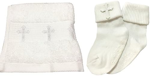 Baptism Towel with 5 Cross Embroidery and Socks Set Christening Gifts for Baby Girls Boys 100% Cotton White