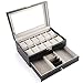 PENGKE Watch Box Organizer 2 Tier PU Leather Watch Case Display Organizer for Jewelry Watch,Rings,Lock and glass top