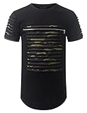 URBANCREWS Mens Hipster Hip Hop Ripped Zipper Crewneck T-Shirt Blackcamo XLarge