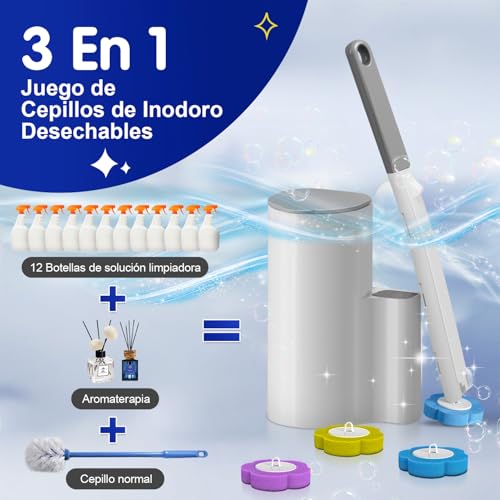 PUROVERO Juego de 48 Pcs Escobilla para Inodoro Desechable, Cepillo para Lavar Baño, 48 Cabezales de Repuesto con 3 Aromas y 1 Estante de Almacenamiento, Apto para Inodoro y Limpieza del Baño