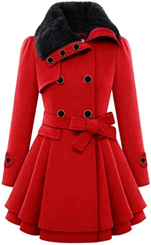 Lemosery Women's Stylish Lapel Faux Fur Collar Wool Blend Long Sleeve Trench Coat Dress Coat