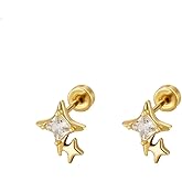 20g CZ Star Flat Screw Back Small Stud Earrings for Women Men Titanium Steel Silver/Gold Plated Cute Sparkling Crystal Cartilage Tragus Helix Piercing Studs Hypoallergenic Fashion Jewelry