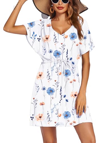 Ekouaer Womens Swimsuit Coverup Short Sleeve Beach Cover Up Dress V Neck Bikini Beachwear White Floral,Large at Amazon
