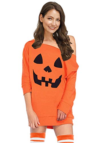 Halloween Womens Pumpkin Off Shoulder Sweatshirt Orange 3/4 Sleeve Pullover Tops M