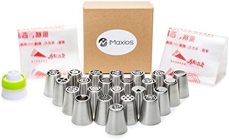 iMaxios 29-Piece Stainless Steel Russian Icing Nozzle Set with 1 Coupler, 5 Pastry Bags, Icing Syringe and Tools