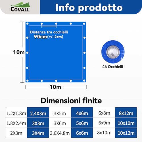 COVALL Blue Tarpaulin 10 x 10 m 115 g/m² Tear-resistant Waterproof Tarpaulin for Heavy Loads with Eyelets for Camping, Garden, Roof Cover and Warehouse