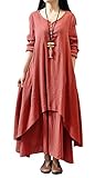 R.Vivimos Women Vintage Long Cotton Linen Loose Dress XL Red