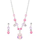 Girls Cute Owl Pink Purple Enamel Beaded Silver Tone Necklace Earrings Set