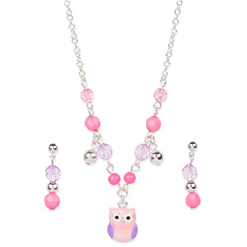 Girls Cute Owl Pink Purple Enamel Beaded Silver Tone Necklace Earrings Set