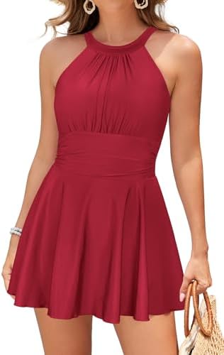 SHEKINI Womens Elegant One Piece Swimdress High Neck Swim Dress Ruched Swim  Skirt (Wine Red, X-Large) price in UAE | Amazon UAE | kanbkam
