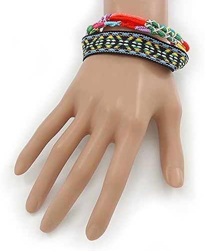 Avalaya Unisex Handmade Multicoloured Cotton Woven Friendship Bracelet - Adjustable, black, yellow, red, light green, violet, pink - Image 4