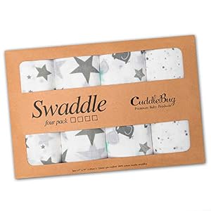 Image of Muslin Baby Swaddle Blankets "Starry Nights" 4 Pack- CuddleBug 47 x 47 inch Large Muslin Swaddles - Soft Cotton Blankets - Baby Shower Gift - Perfect for Nursery Sets - Unisex