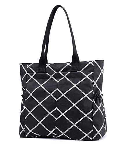 Nylon Water Resistant Multi Pockets Large Lightweight Tote Bag Shoulder Bag Waterproof Handbags (BlackRhomb HB)