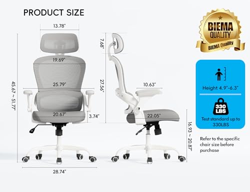 TRALT Office Chair - Ergonomic Office Chair with Back Support, Computer Chair - Home Office Desk Chairs, 330lbs Wide Seat Big and Tall Office Chairs with Headrest, Comfy Desk Chairs (White Grey)