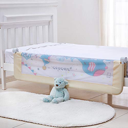 KOOLDOO 59 inch Foldable Baby Bed Rail Guard Extra Long Safety Toddler Bedrail with Reinforced Anchor Safety System - Animal Park Theme (Beige Color)