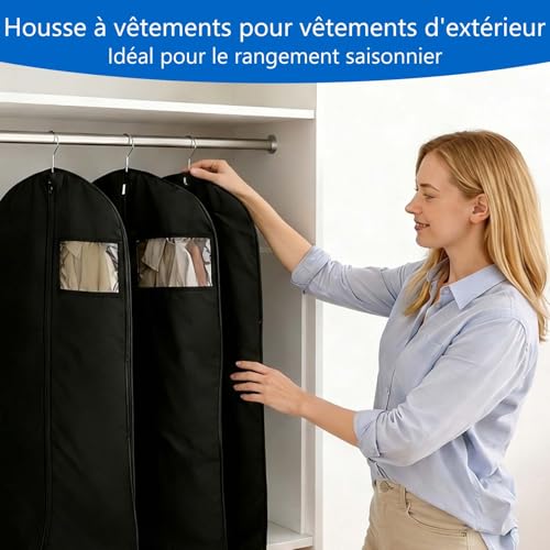 Sevenpers Lot de 6 housses de vêtements anti-mites translucides avec fermeture éclair, imperméables, anti-acariens, respirantes, 60 x 120 cm, noir