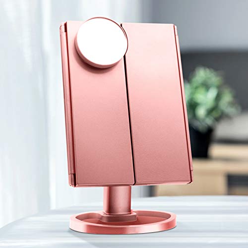 Makeup Mirror with 10X 3X 2X 1X Magnification, Touch Screen Trifold Vanity Mirror 22 LED Cosmetic Lighted Up Mirror, Dual Power Supply
