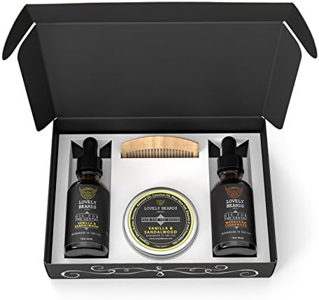 Lovely Beards Gift Box for Men Beard Care Grooming Kit Vanilla Sandalwood Scented Beard Oil + Mandarin Cedarwood Scented Beard Oil + Vanilla Sandalwood Bead Balm Softener Conditioner Shaping Growth