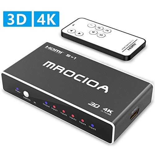 Hdmi Switch 4k, mrocioa 5 in 1 Out 4K and 3D Hdmi Switcher Box with Remote, The 5 Port Hdmi Splitter for Ps4 / Xbox One/Fire TV/Apple TV/Sky Box/Stb/DVD/Laptop/Blue ray.