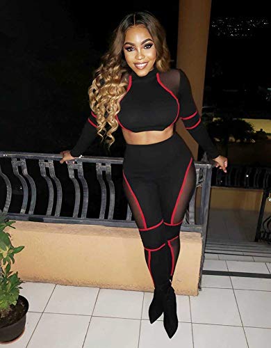 Women Two Piece Outfits - Long Sleeve Sheer Mesh Crop Top Skinny Pants Matching Set Jumpsuit Red M - Thumbnail 2