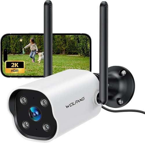 WOLFANG 2K Outdoor Security Camera, CCTV Home Surveillance Camera, IP65 Weatherproof, AI Motion Detection, Infrared Night Vision, Siren Alarm, Two-Way Audio, 2.4GHz WiFi, Cloud & SD Storage