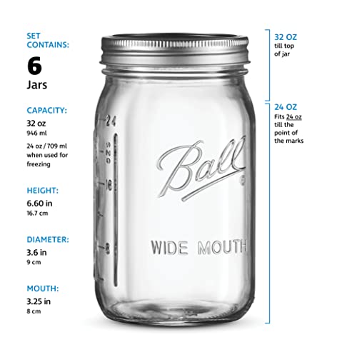 Ball Wide Mouth Mason Jars 32 oz [6 Pack] With mason jar lids and Bands
