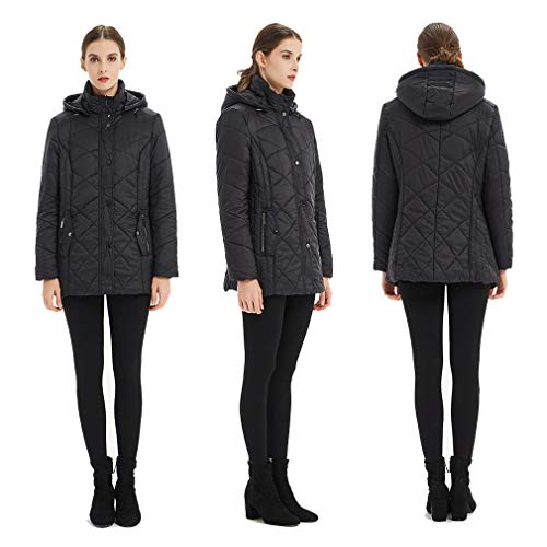 Plusfeel Women's Packable Outwear Cycling Long Sleeve Puffer Coat with Hood Outwear Sports Coat, Black, L