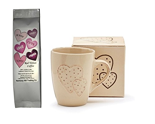 Tan Distressed Raised Hearts Mug with Conversation Hearts Red Velvet Coffee Gift Set 2 Piece Bundle