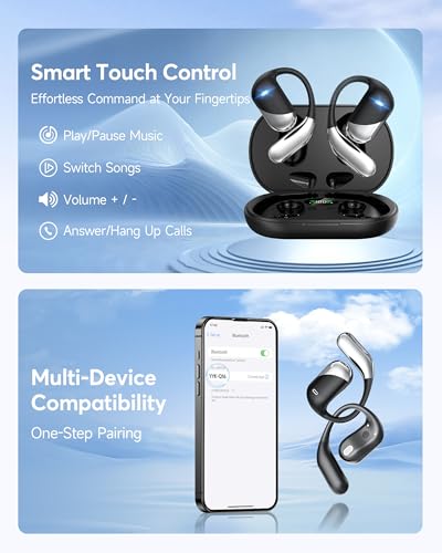 Open Ear Wireless Earbuds, Sports Bluetooth Headphones with Real Time Translation, 80Hrs Playtime with LED Power Display, Noise Canceling Headset, IP55 Waterproof Earphones for Workout/Running Black