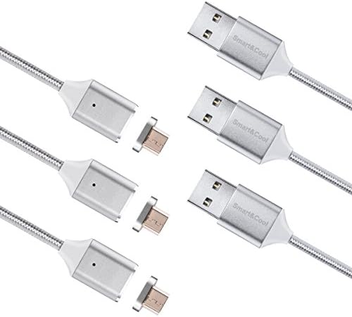 Smart&Cool Gen3 3-Pack Nylon Braided Super Magnetic Charging and Data Transfer Cable Compatible with Micro-USB Phones and Tablets (Silver, 3.3 Feet)