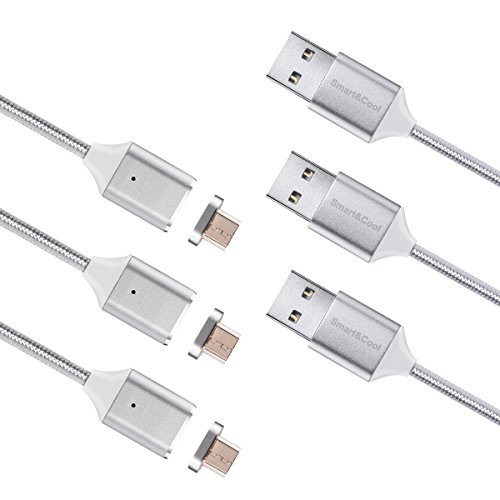Smart&Cool Gen3 3-Pack Nylon Braided Super Magnetic Charging and Data Transfer Cable Compatible with Micro-USB Phones and Tablets (Silver, 3.3 Feet)