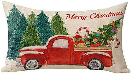 HL HLPPC Merry Christmas Throw Pillow Case Christmas Tree Red Truck Pillow Cover Holiday Rectangle 12 x 20 Inches Decorative Cotton Linen Cushion Cover for Sofa and Bed One Side Print(H11)