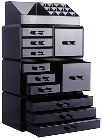ZHIAI Cosmetic Jewelry Organizer Makeup Holder - Acrylic Interlocking Drawers to Create Your Own Specially Designed Makeup Counter, Stackable and Interchangeable (1 Top 11 Drawers, Black)