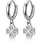 SLUYNZ 925 Sterling Silver CZ Clover Hoop Earrings Dangle for Women Teens Lucky Clover Leaf Huggie Earrings Flower Drop