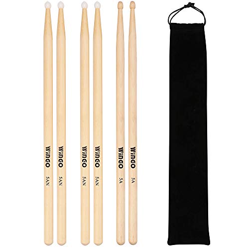 5A/5AN Drum Sticks with 1 Wood Tips and 2 Nylon Tips - WINGO 3 Pack Maple Drumsticks with Carrying Bag Holder